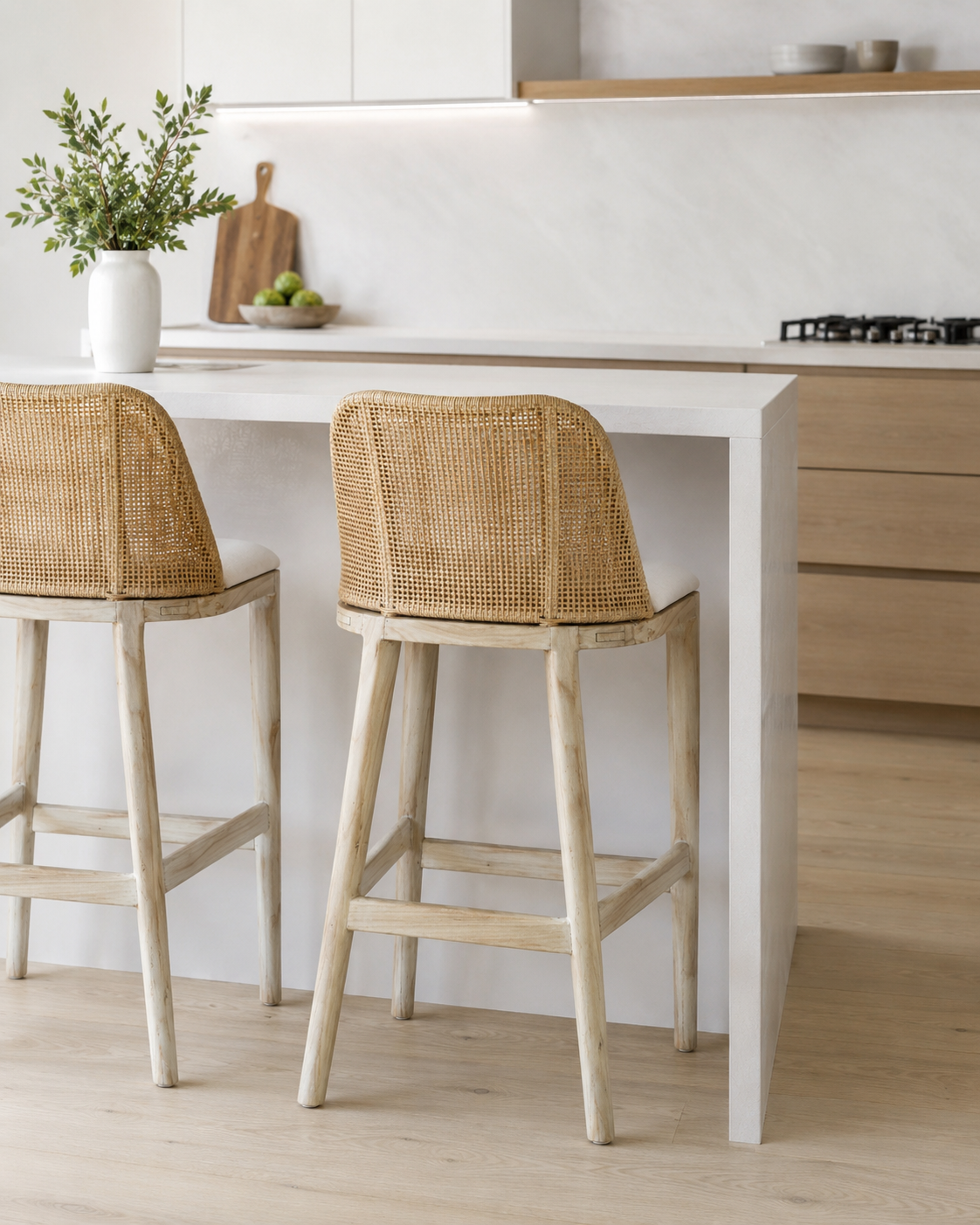 CR Tampa Timber Framed Rattan Back Fabric Seat Counter Stool