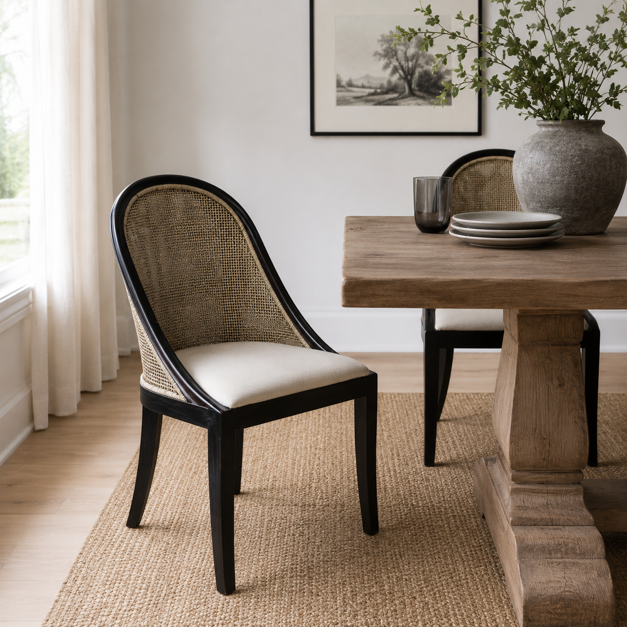 CR Alabama Timber Framed Rattan Back Fabric Seat Dining Chair