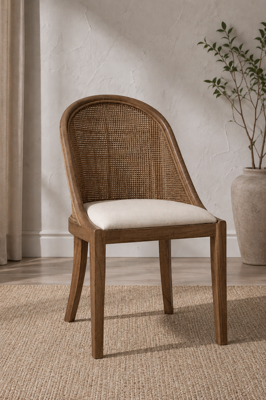 CR Alabama Timber Framed Rattan Back Fabric Seat Dining Chair