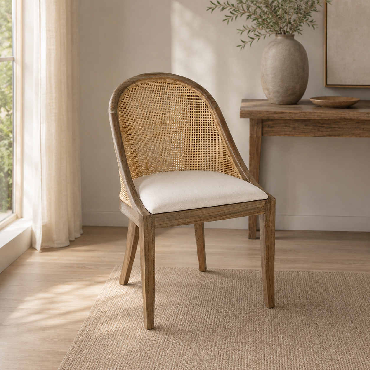 CR Alabama Timber Framed Rattan Back Fabric Seat Dining Chair