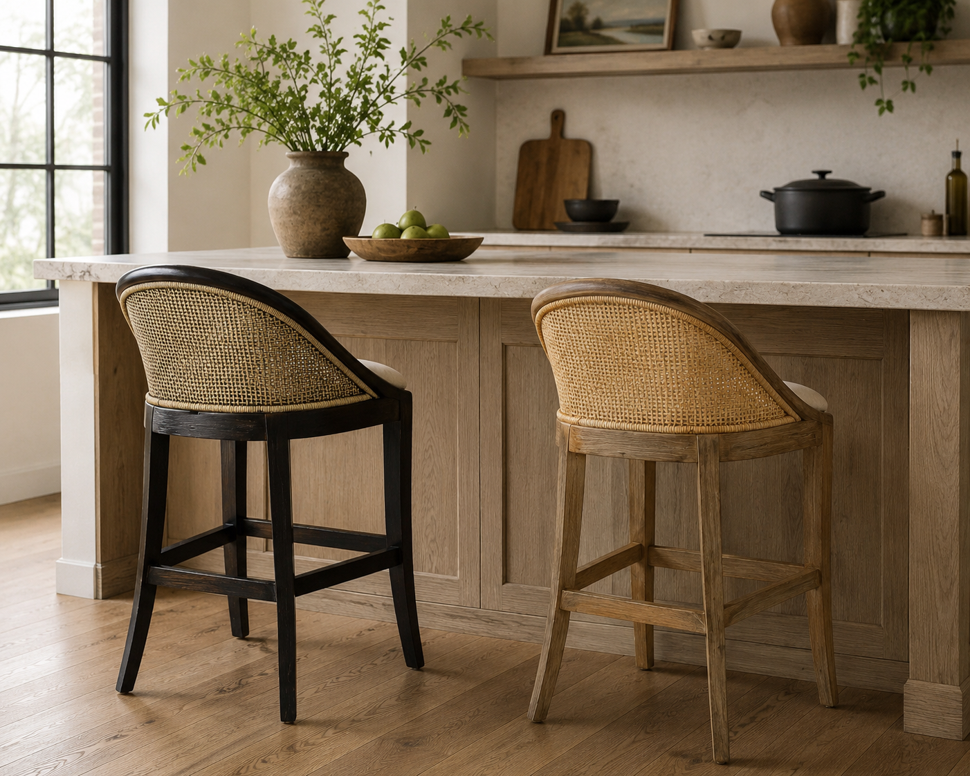 CR Alabama Timber Framed Rattan Back Fabric Seat Counter Stool