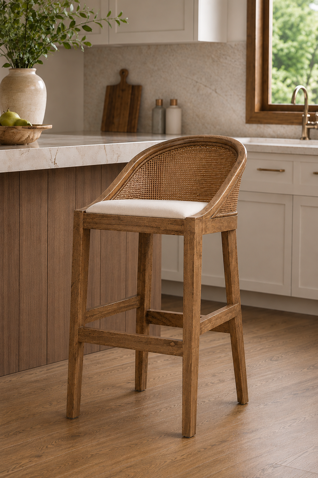 CR Alabama Timber Framed Rattan Back Fabric Seat Counter Stool