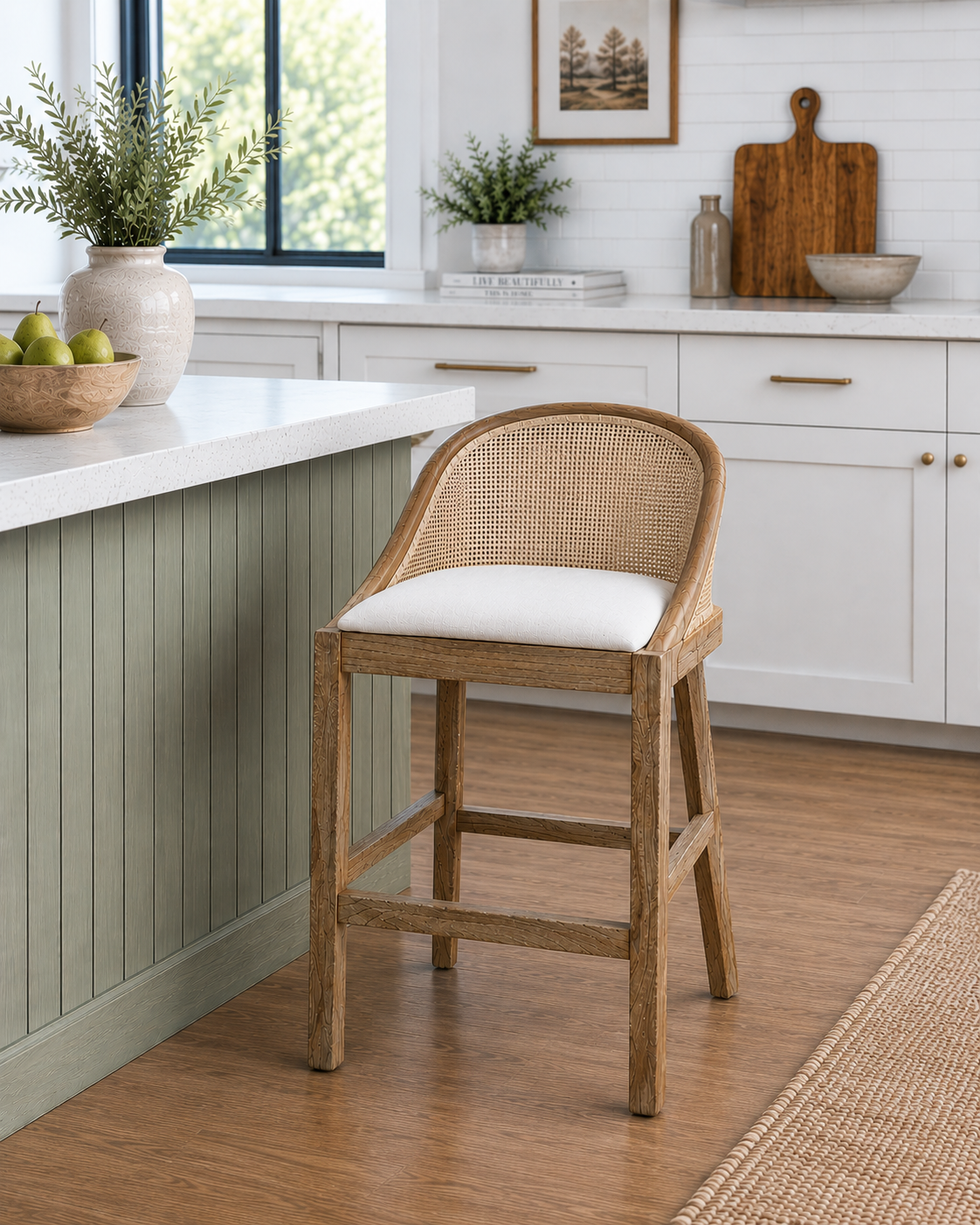 CR Alabama Timber Framed Rattan Back Fabric Seat Counter Stool