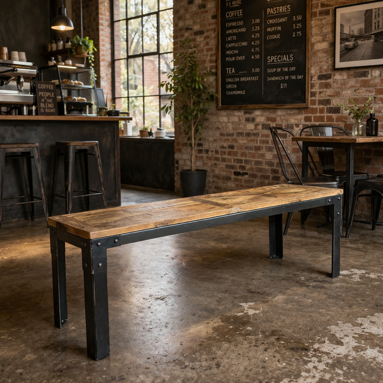 MF Wrought Iron Base Recycled Timber Parquetry Top Benches
