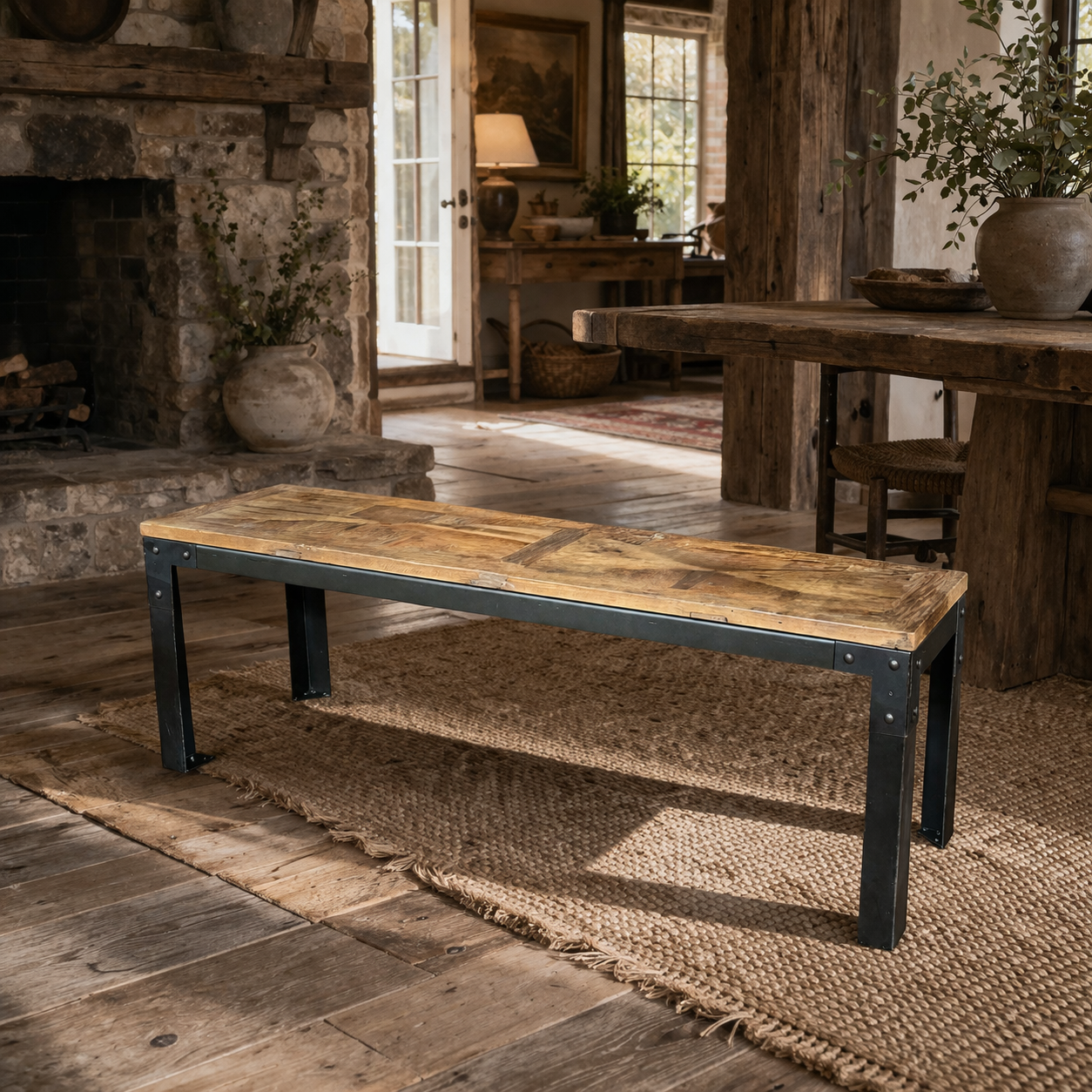 MF Wrought Iron Base Recycled Timber Parquetry Top Benches