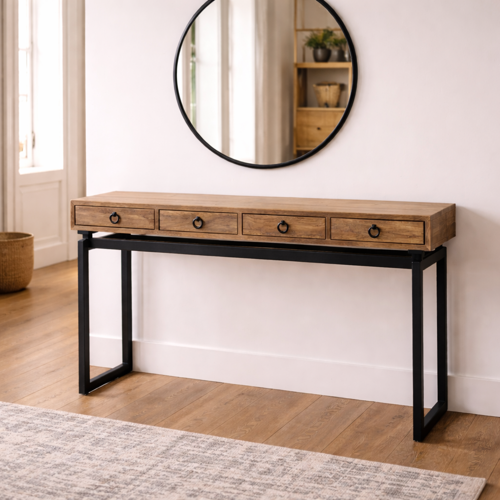 MF Torano Recycled Timber Top Metal Frame 4 Drawer Console Table