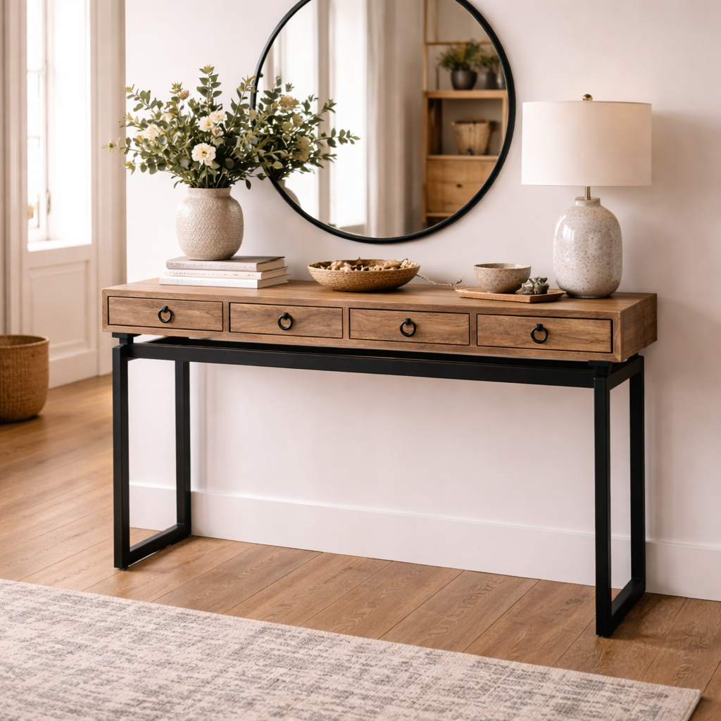MF Torano Recycled Timber Top Metal Frame 4 Drawer Console Table