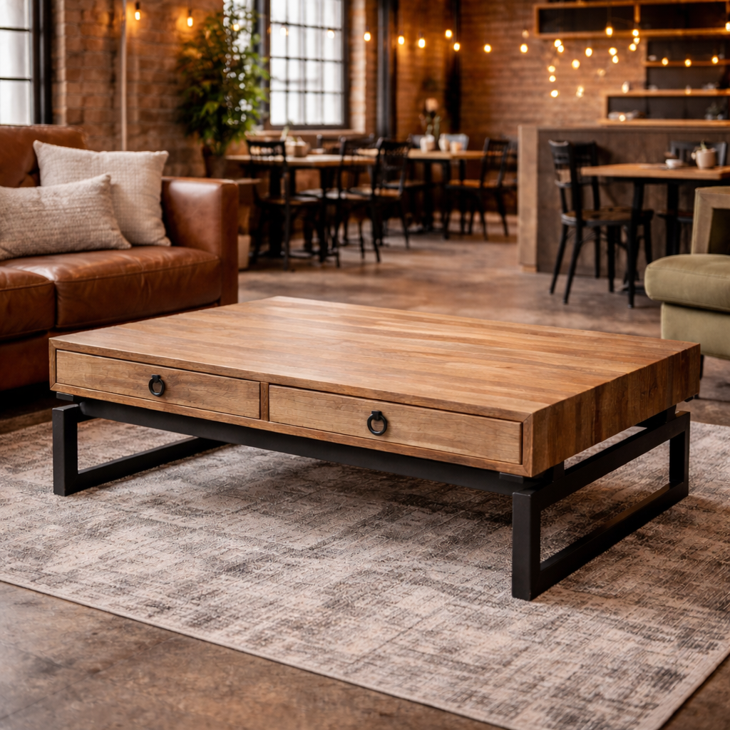 MF Torano Recycled Timber Top Metal Base 2 Drawer Coffee Table