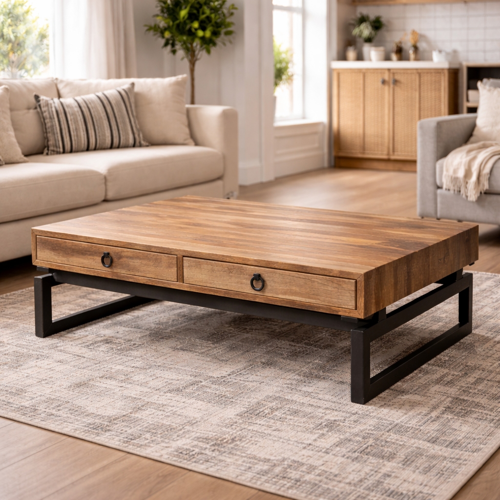 MF Torano Recycled Timber Top Metal Base 2 Drawer Coffee Table
