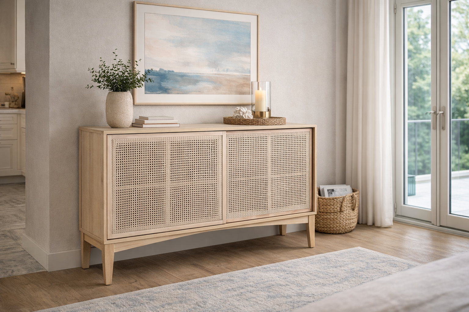 MF Bahamas Solid Oak Timber Rattan Sliding Door Buffet
