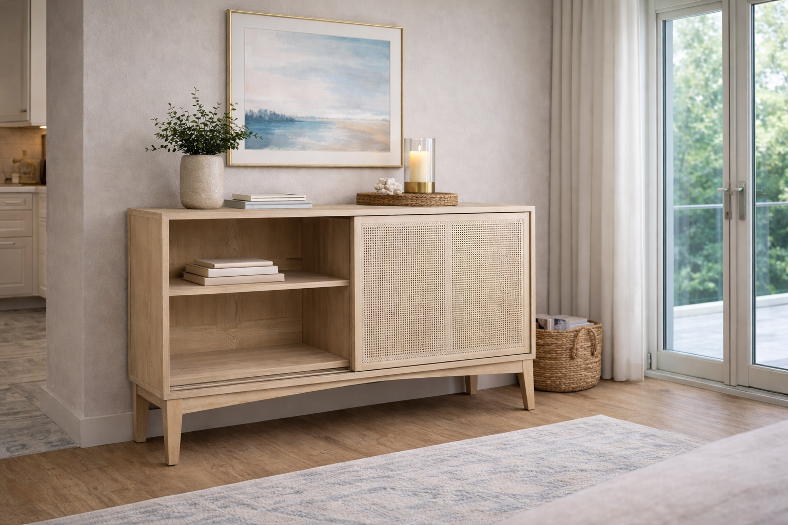 MF Bahamas Solid Oak Timber Rattan Sliding Door Buffet