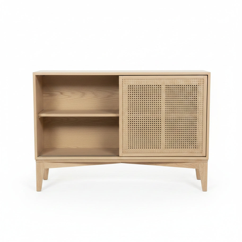 MF Bahamas Solid Oak Timber Rattan Sliding Door Cabinet