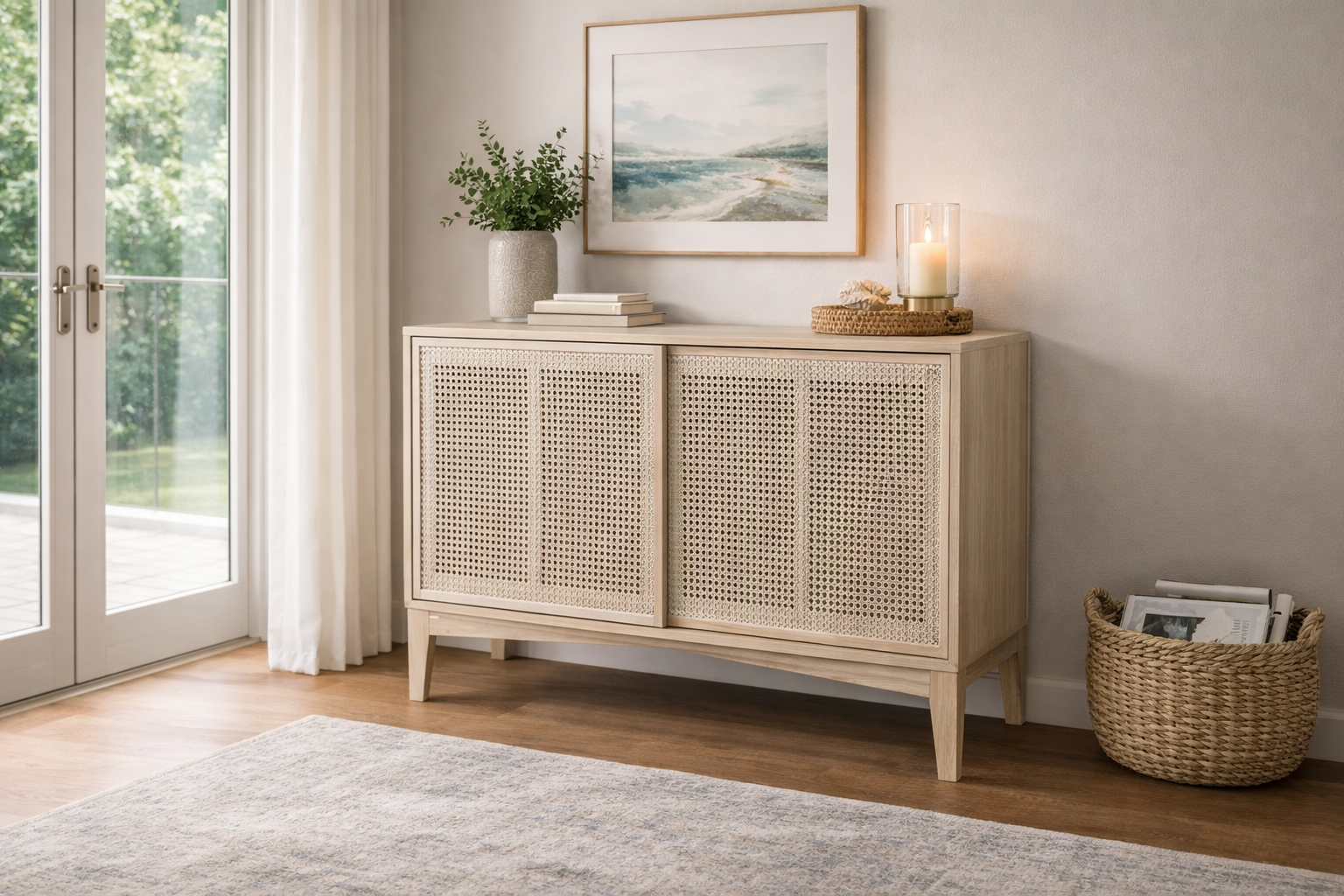 MF Bahamas Solid Oak Timber Rattan Sliding Door Cabinet