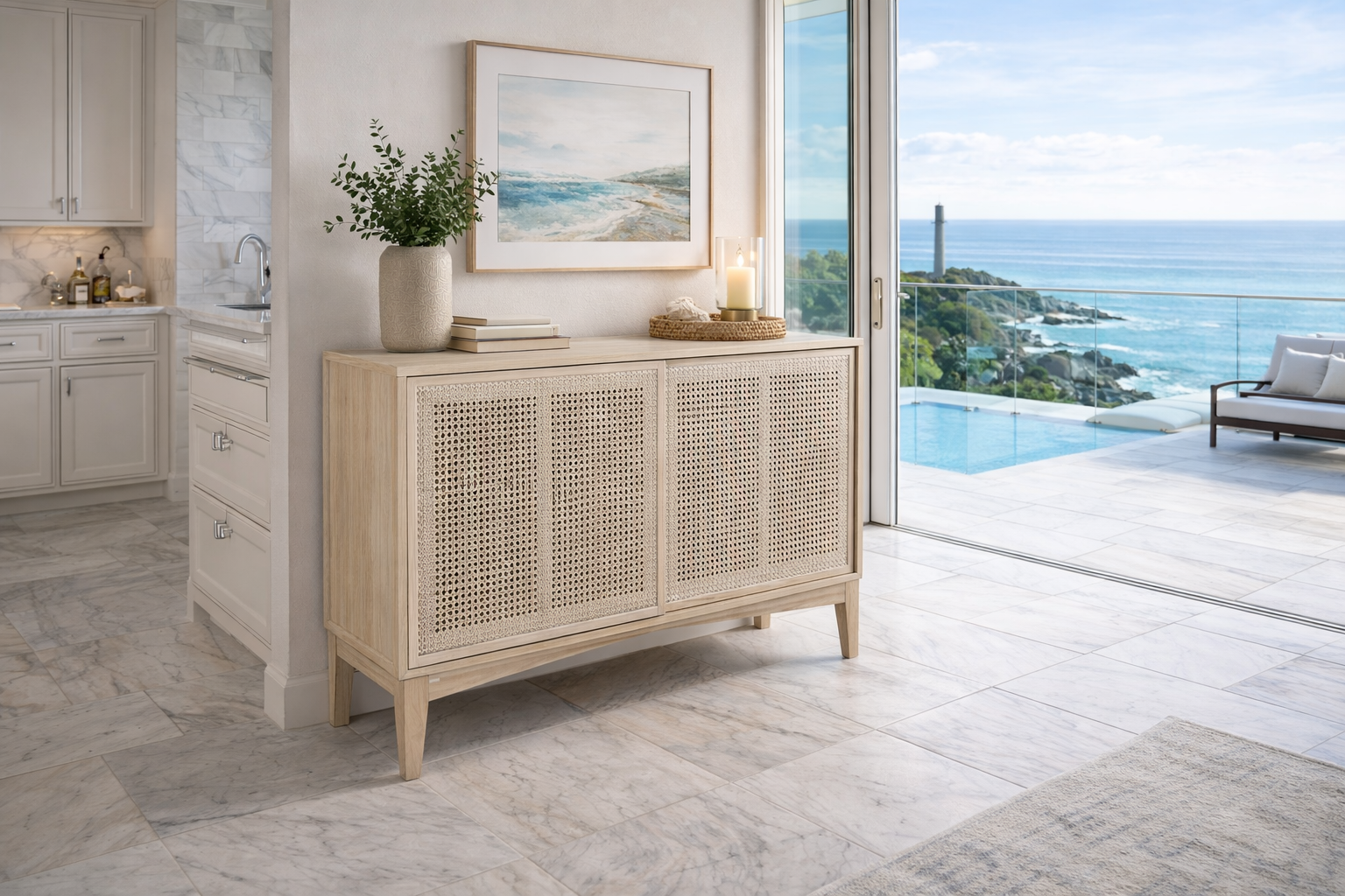 MF Bahamas Solid Oak Timber Rattan Sliding Door Cabinet