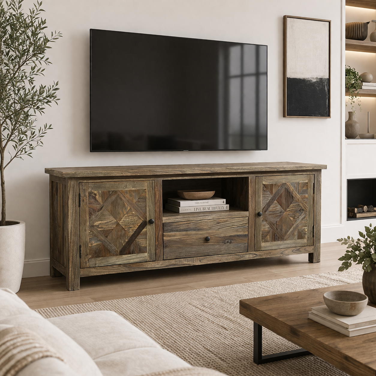 MF Parco Solid Timber Parquetry Style 1 Drawer 2 Door Entertainment Unit