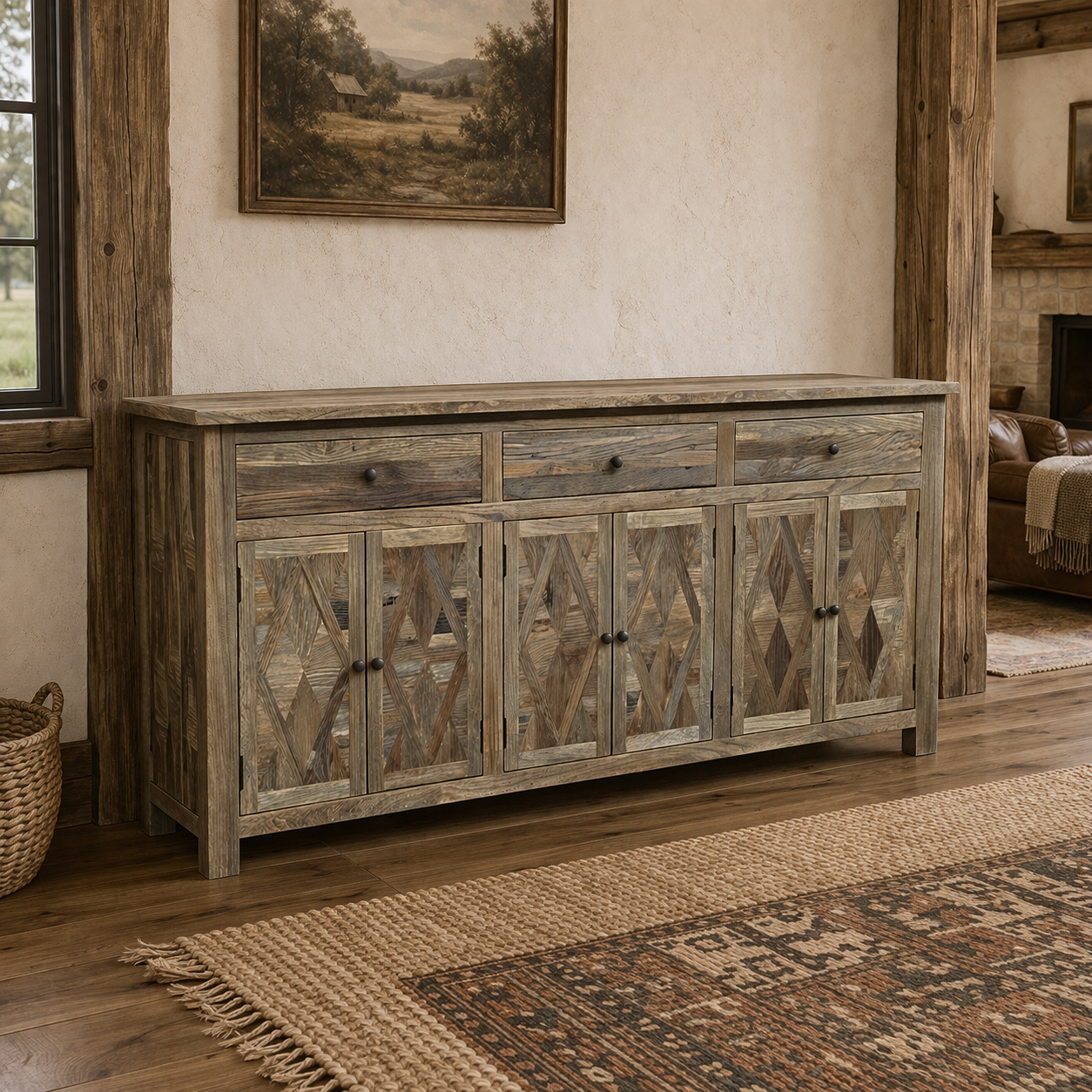MF Parco Solid Timber Parquetry Pattern 3 Drawer 6 Door Buffet