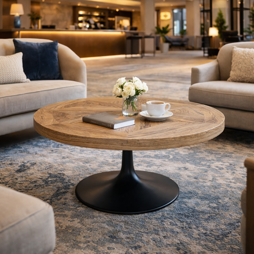 MF Mason Timber Top Metal Base Round Coffee Table