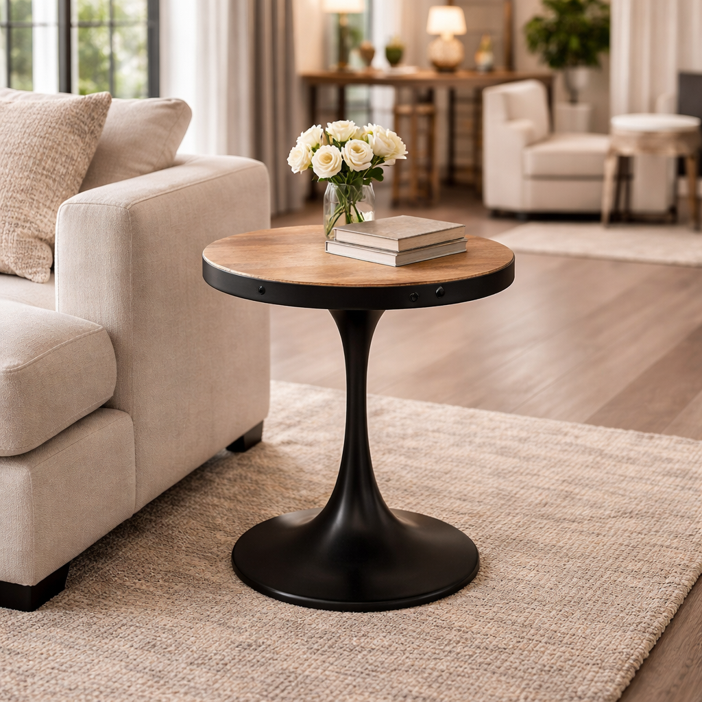 MF Mason Solid Timber Top Metal Leg Round Side Table
