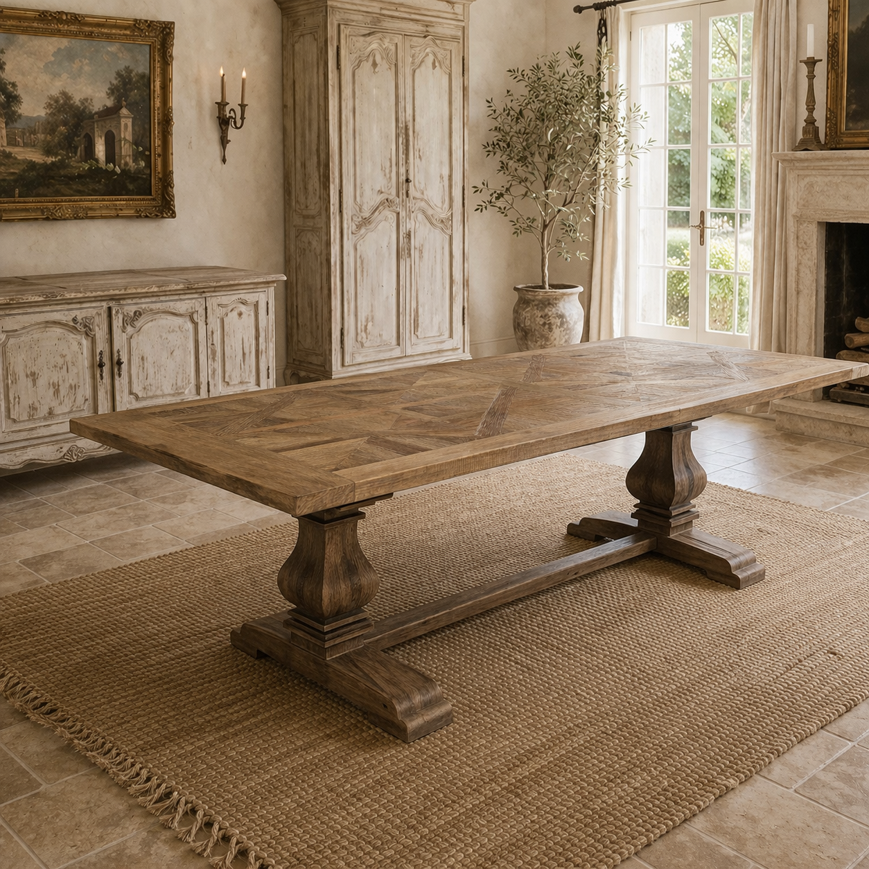 MF Parco Solid Timber Parquetry Top Pedastal Leg Dining Table