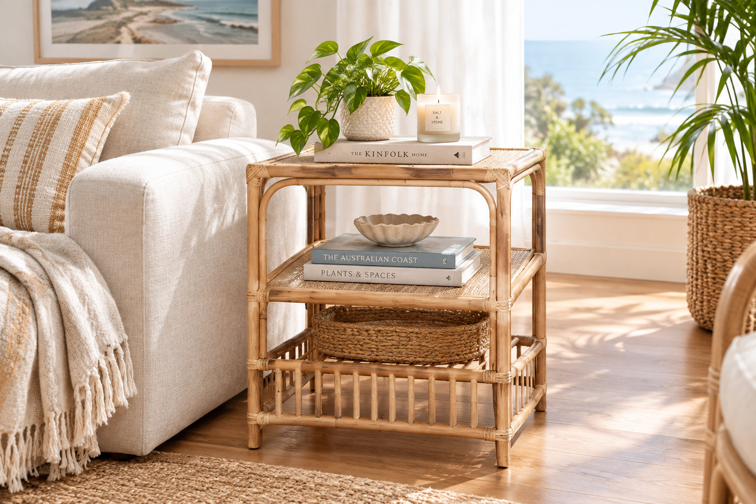 TJ Laguna Natural Rattan Square Side Table with Shelf