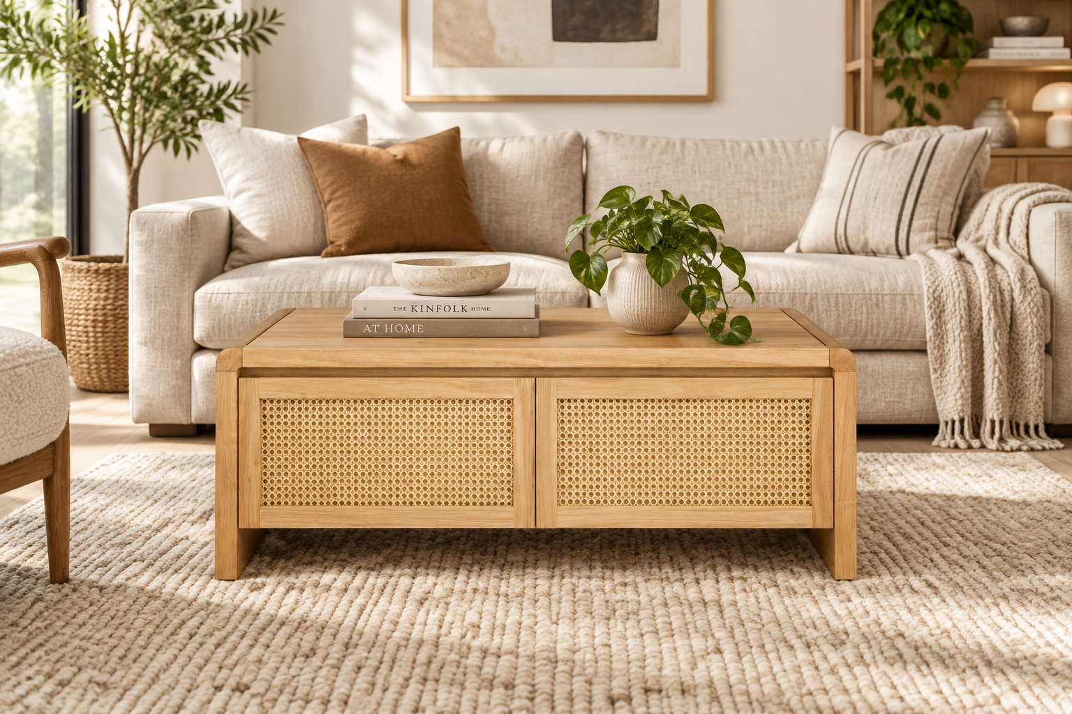 MD Metz Solid Timber Rattan Coffee Table with 2 Drawers