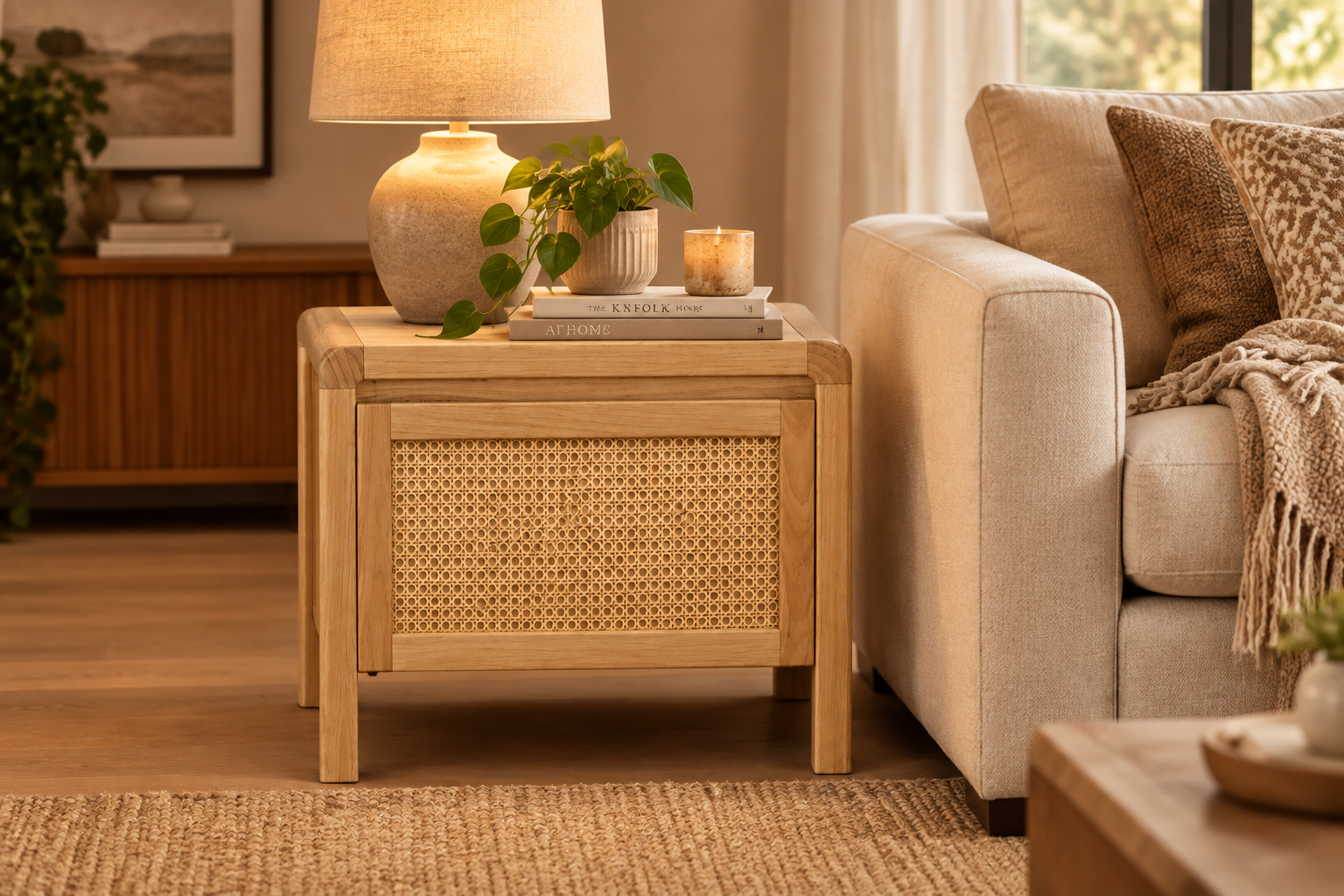 MD Metz Solid Timber Rattan 1 Drawer Lamp Table