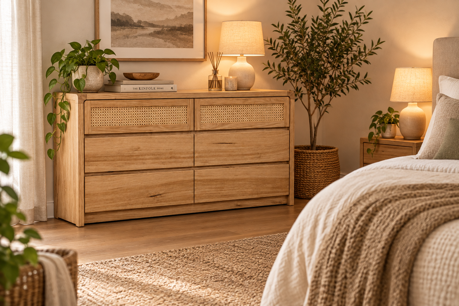 MD Metz Solid Timber Rattan 6 Drawer Low Chest
