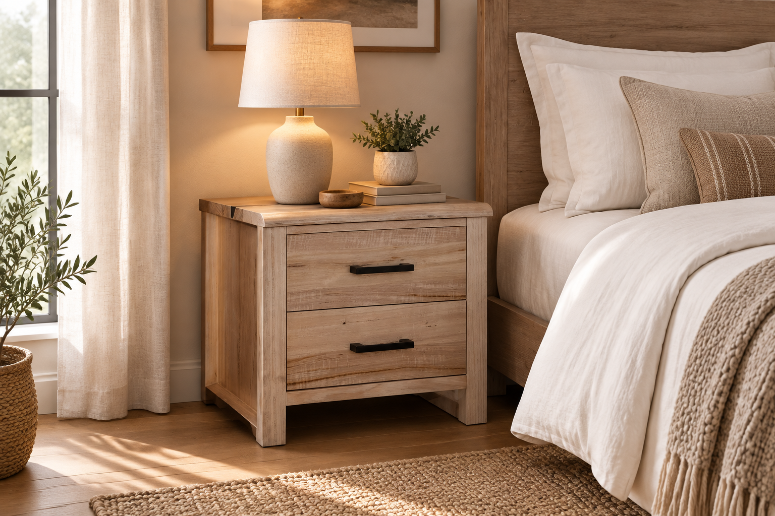 MD Vichy Solid Timber Bedside Table with 2 Drawers
