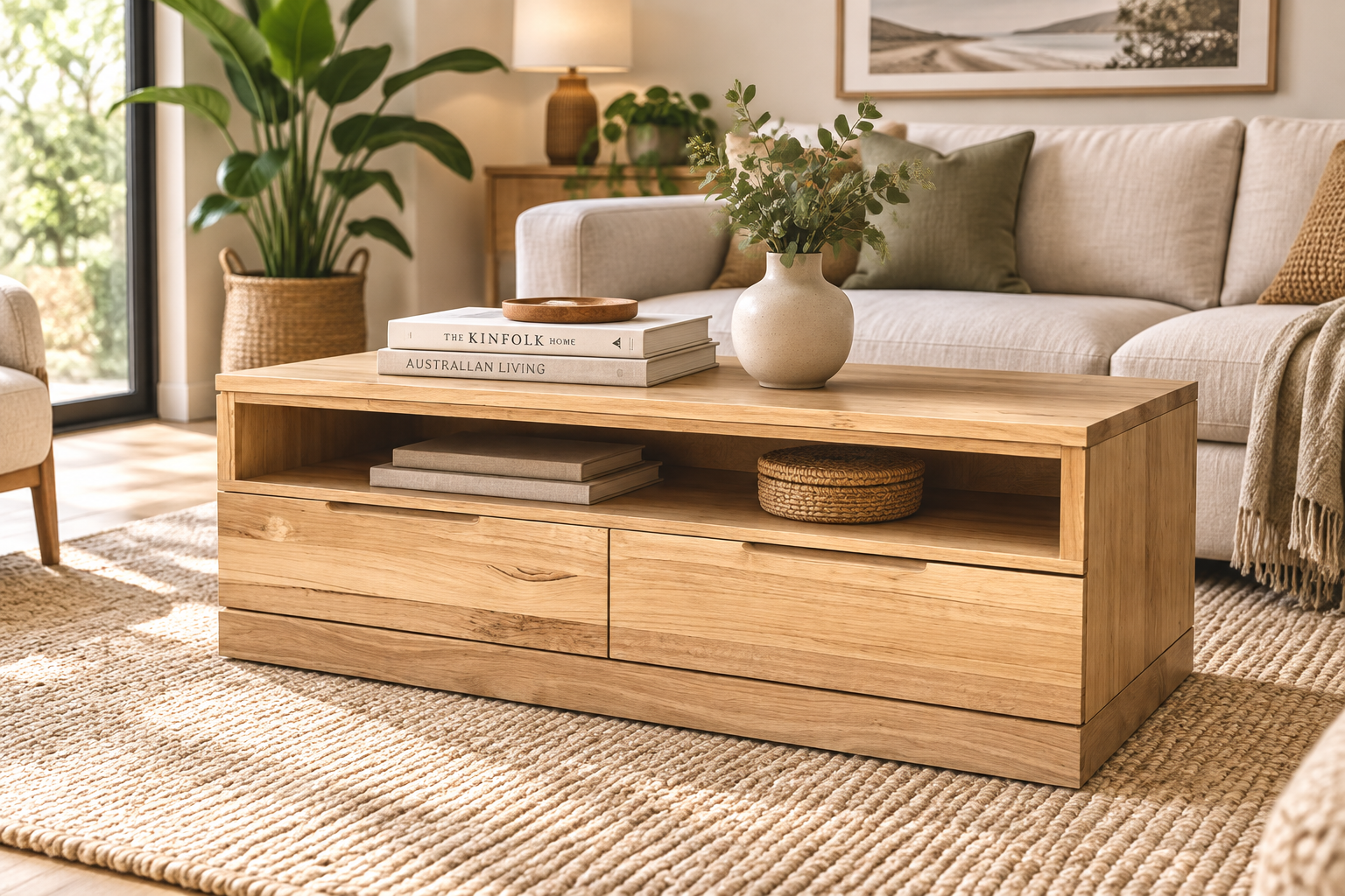 MD Malhouse Solid Timber Coffee Table with 2 Drawers & 1 Niche