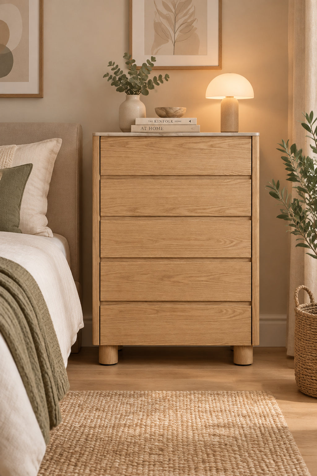 MD Calvin Solid Timber Ceramic Top 5 Drawer Tallboy