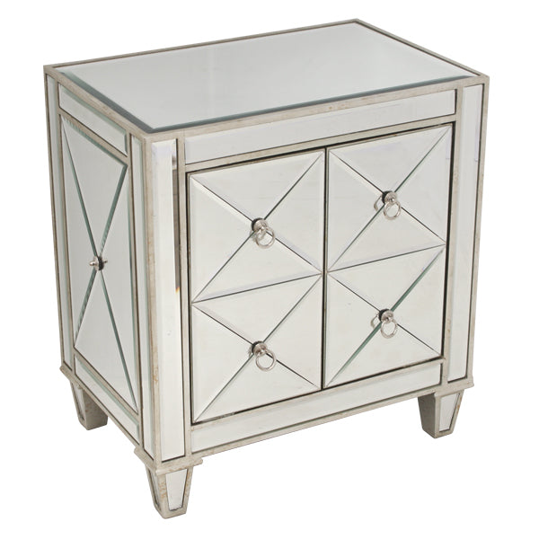 DA Antiqued Mirrored Ribbed 2 Door Bedside Table