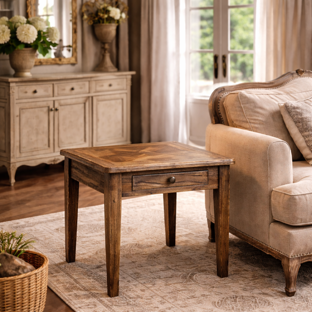 MF Parquetry Recycled Elm Timber 1 Drawer Side Table