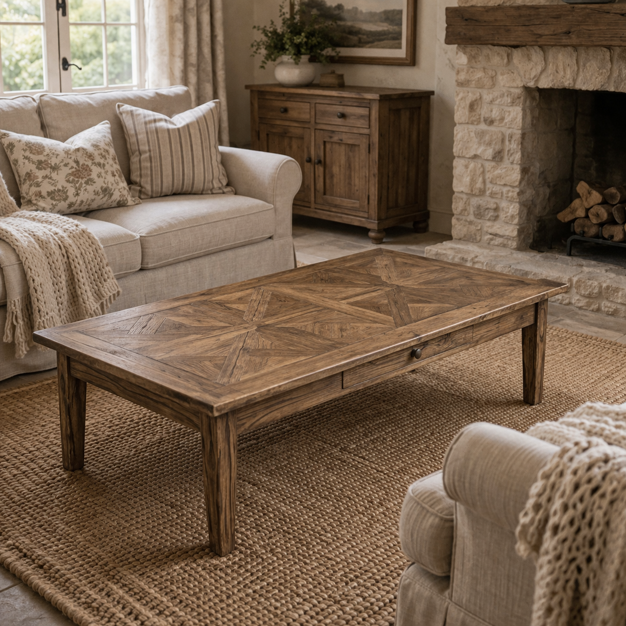 MF Parquetry Recycled Elm Timber 1 Drawer Coffee Table