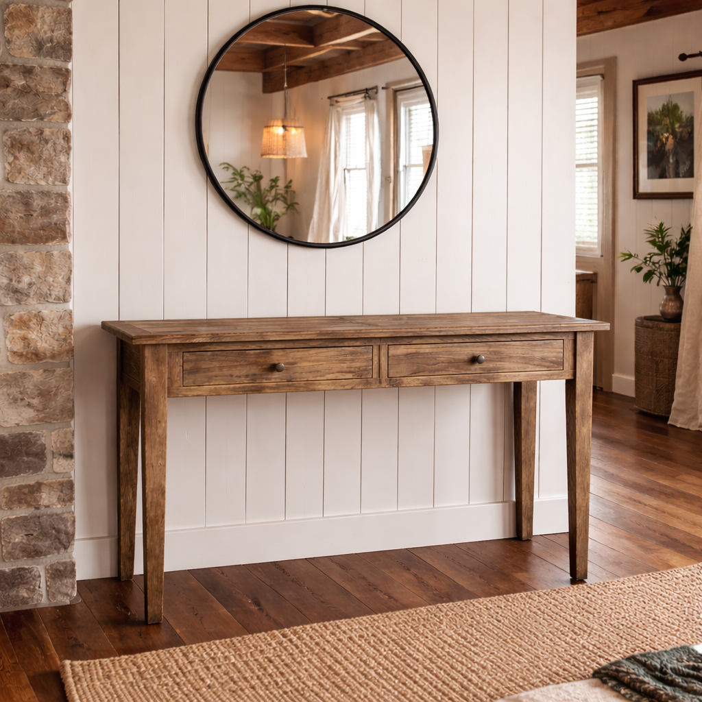MF Parquetry Recycled Elm Timber 2 Drawer Hall Table