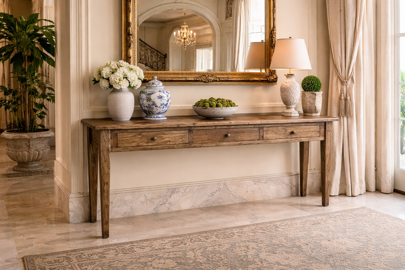 MF Parquetry Recycled Elm Timber 3 Drawer Hall Table