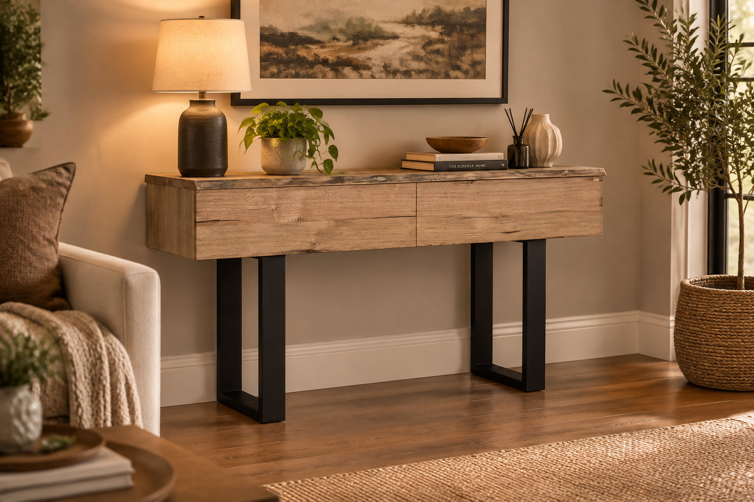 MD Nancy Solid Timber Metal Leg 2 Drawer Console Table