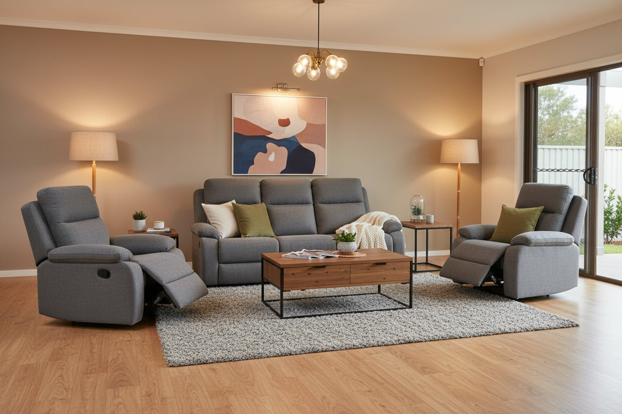 EL Rossie Fabric Upholstered 3 Seater with 2 Single Recliners Suite