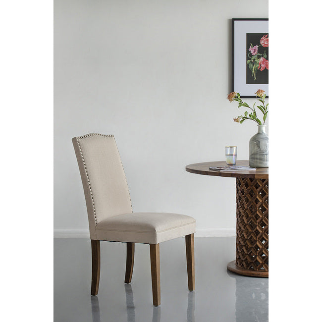 DA Studded Beige Fabric Upholstered Dining Chair Set of 2