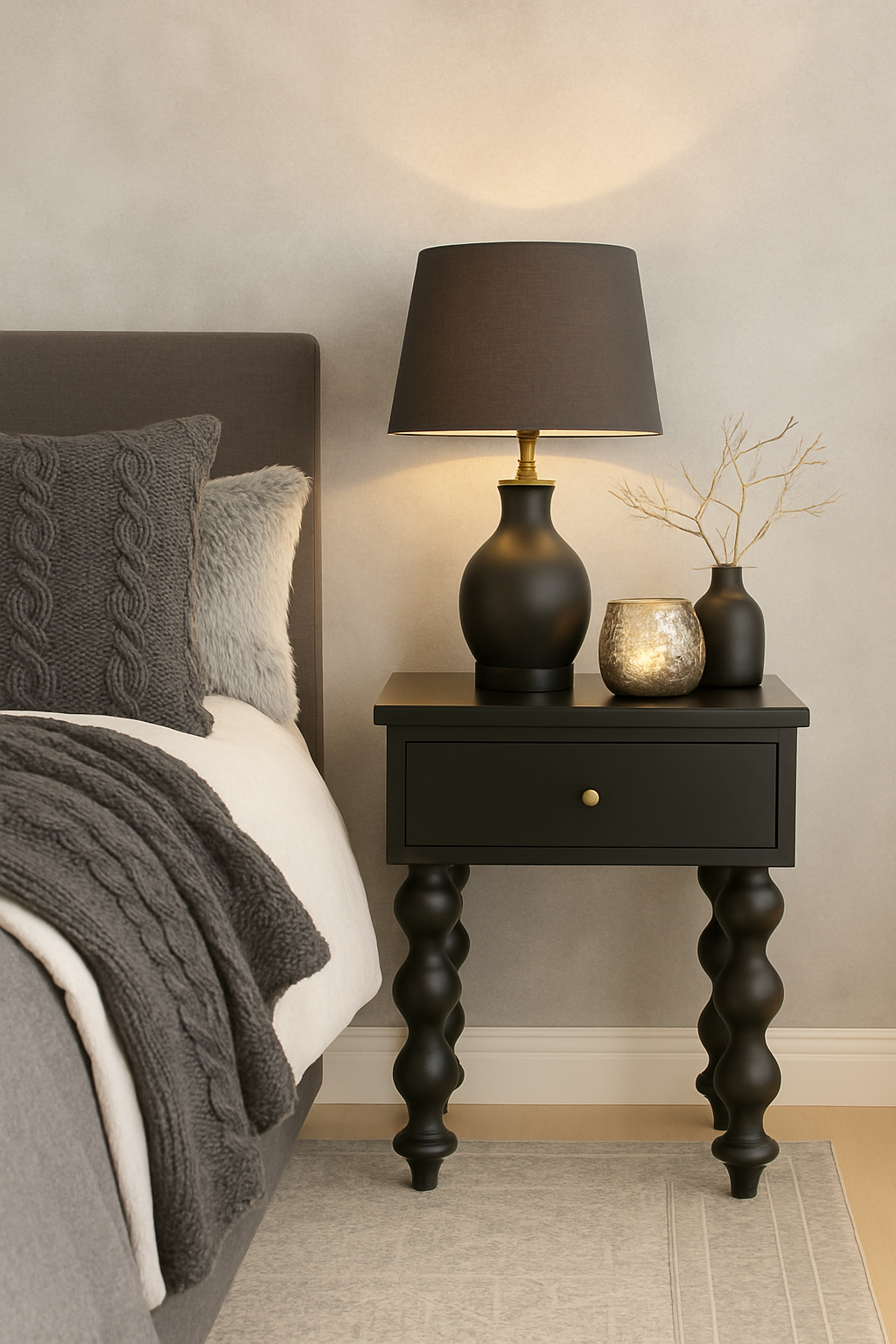 CR Carob Solid Timber Turned Leg 1 Drawer Bedside Table