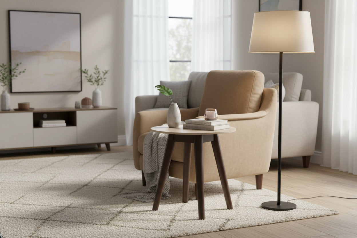 VI Cotswold Stone Top Metal Leg Round Lamp Table - Walnut