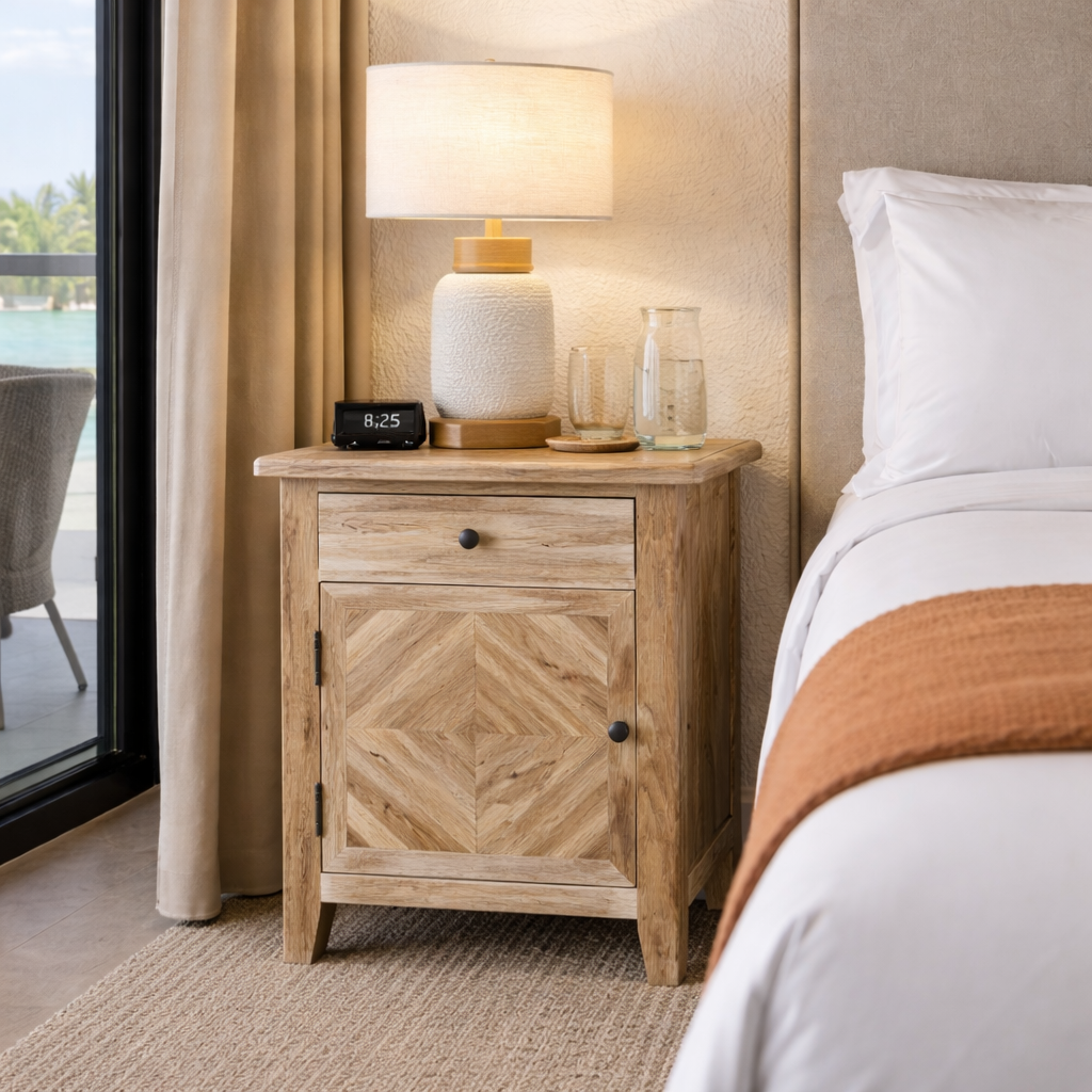 MF Queens Solid Timber 1 Drawer 1 Door Bedside Table