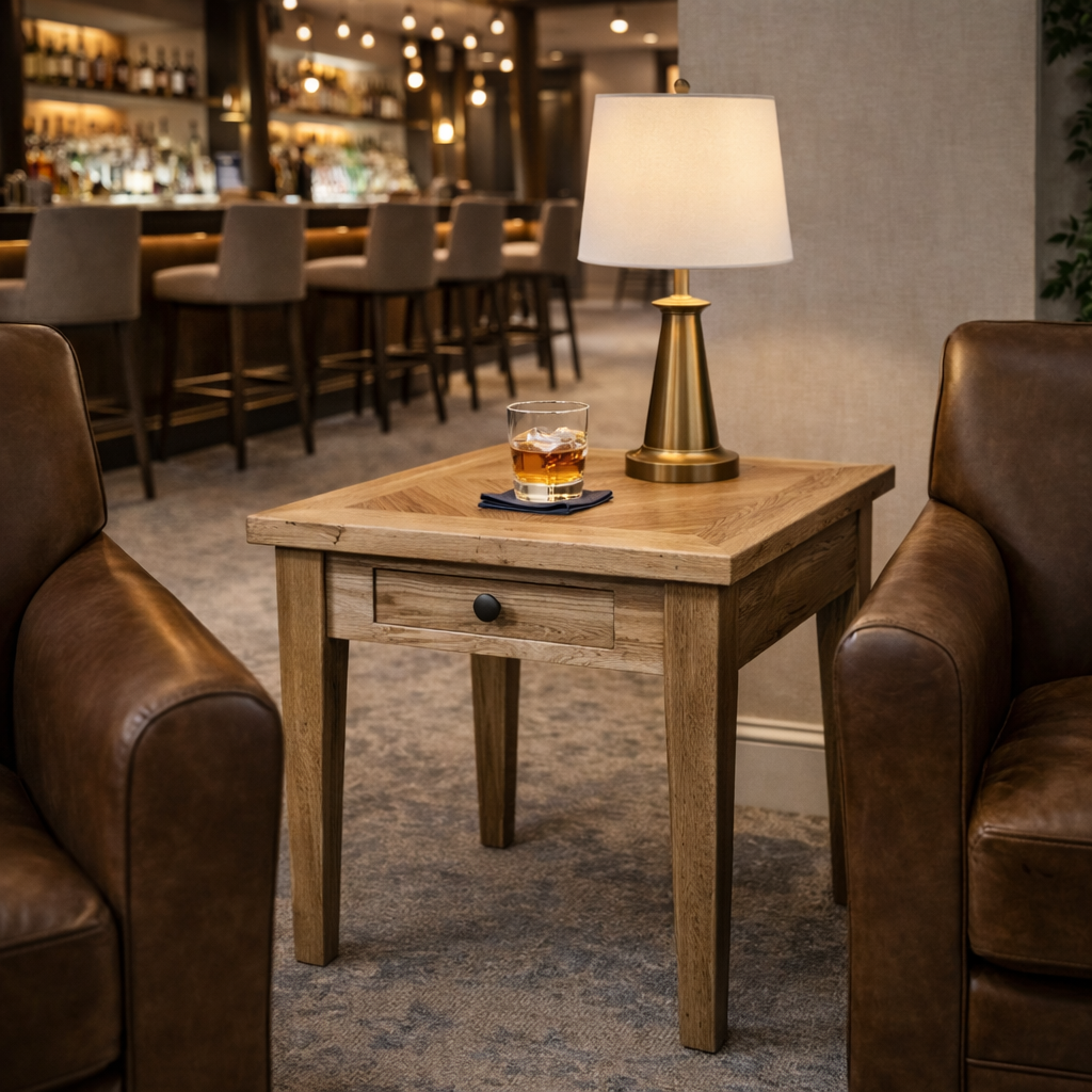 MF Queens Solid Timber Parquetry Top 1 Drawer Lamp Table
