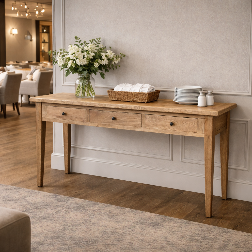 MF Queens Solid Timber Parquetry Top Hall Table with Drawers