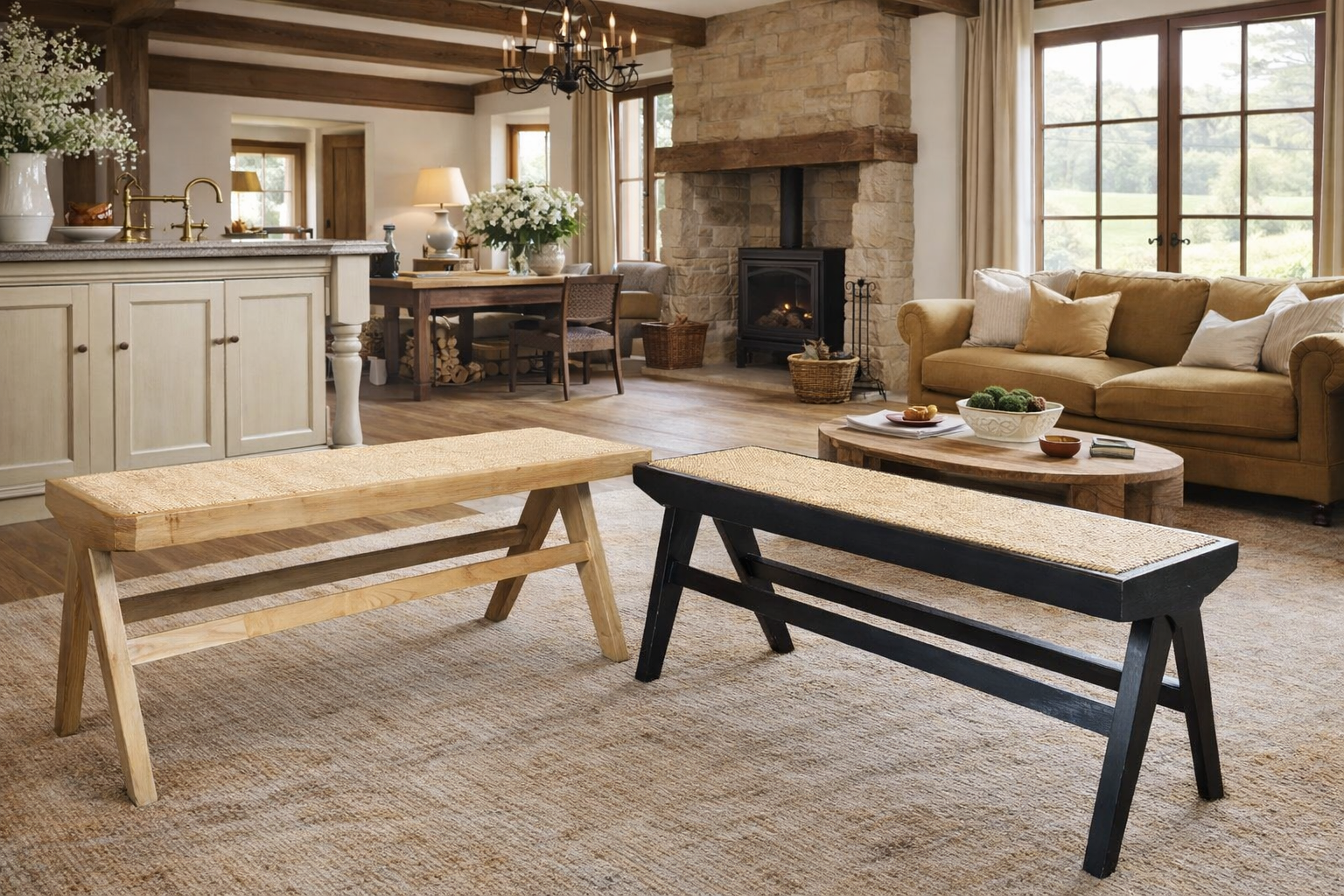 MF Pier Solid Timber Framed with Natural Rattan Bench