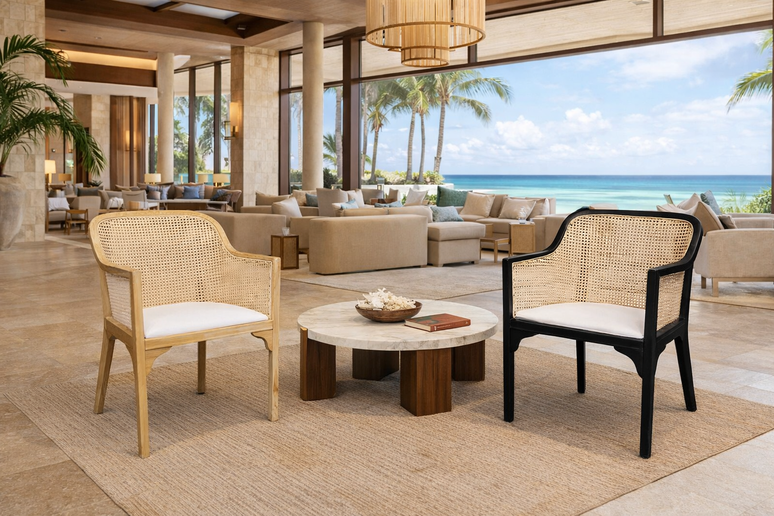 MF Selina Natural Rattan Fabric Upholstered Dining Armchair