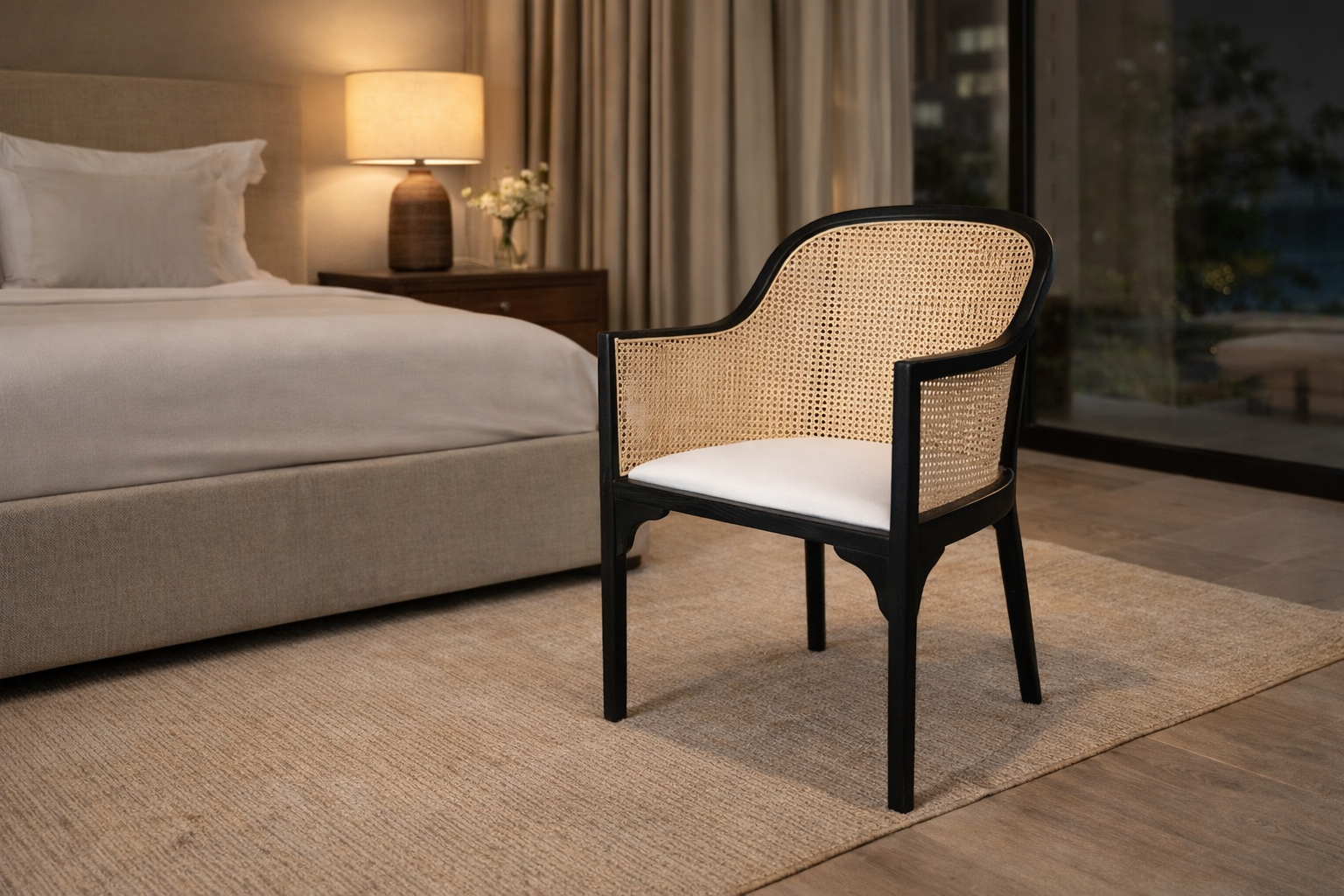 MF Selina Natural Rattan Fabric Upholstered Dining Armchair