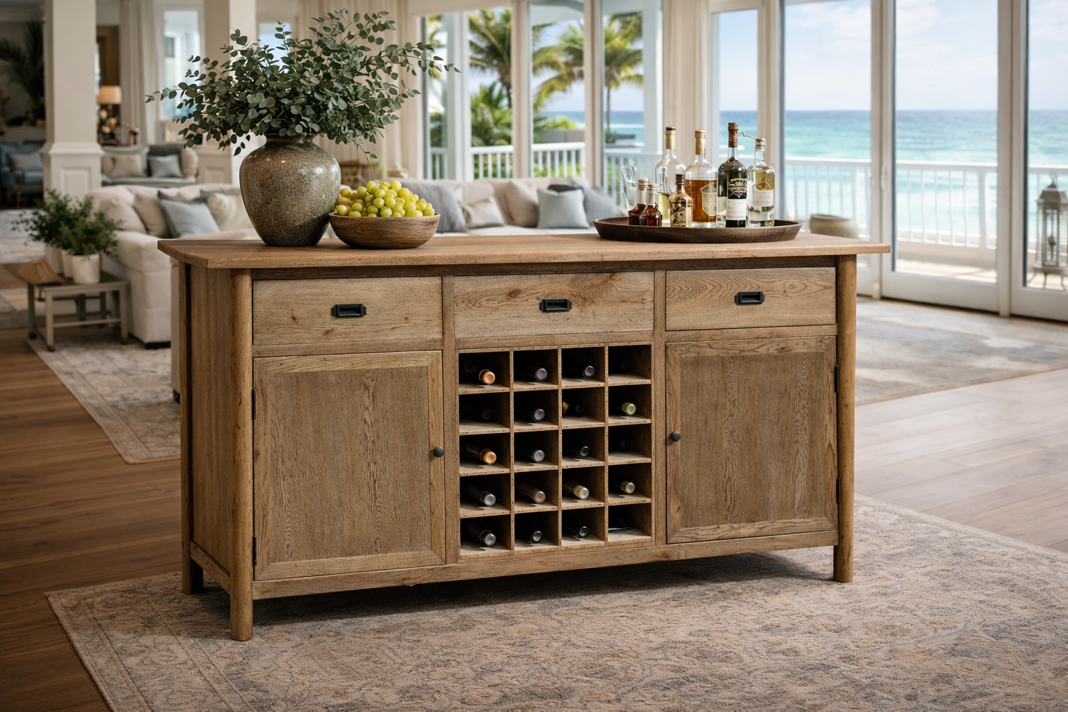 MF Tiffany Solid Timber 3 Drawer 2 Door Sideboard with Bottle Rack