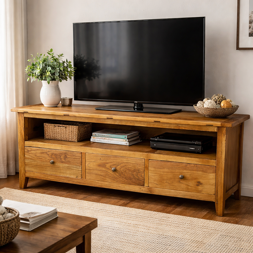 MF Honey Recycled Elm Timber 3 Drawer Entertainment Unit