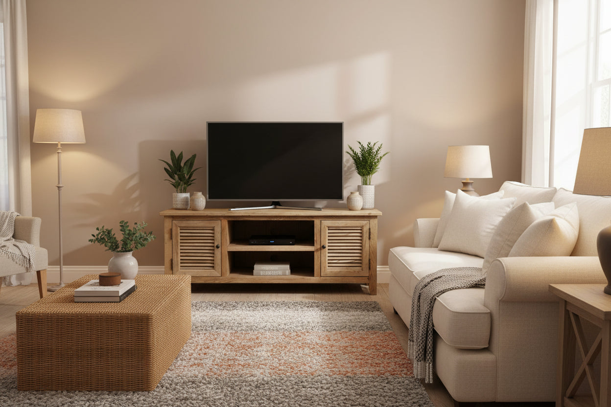 MF Oak Louvre Solid Timber 2 Door Entertainment Unit