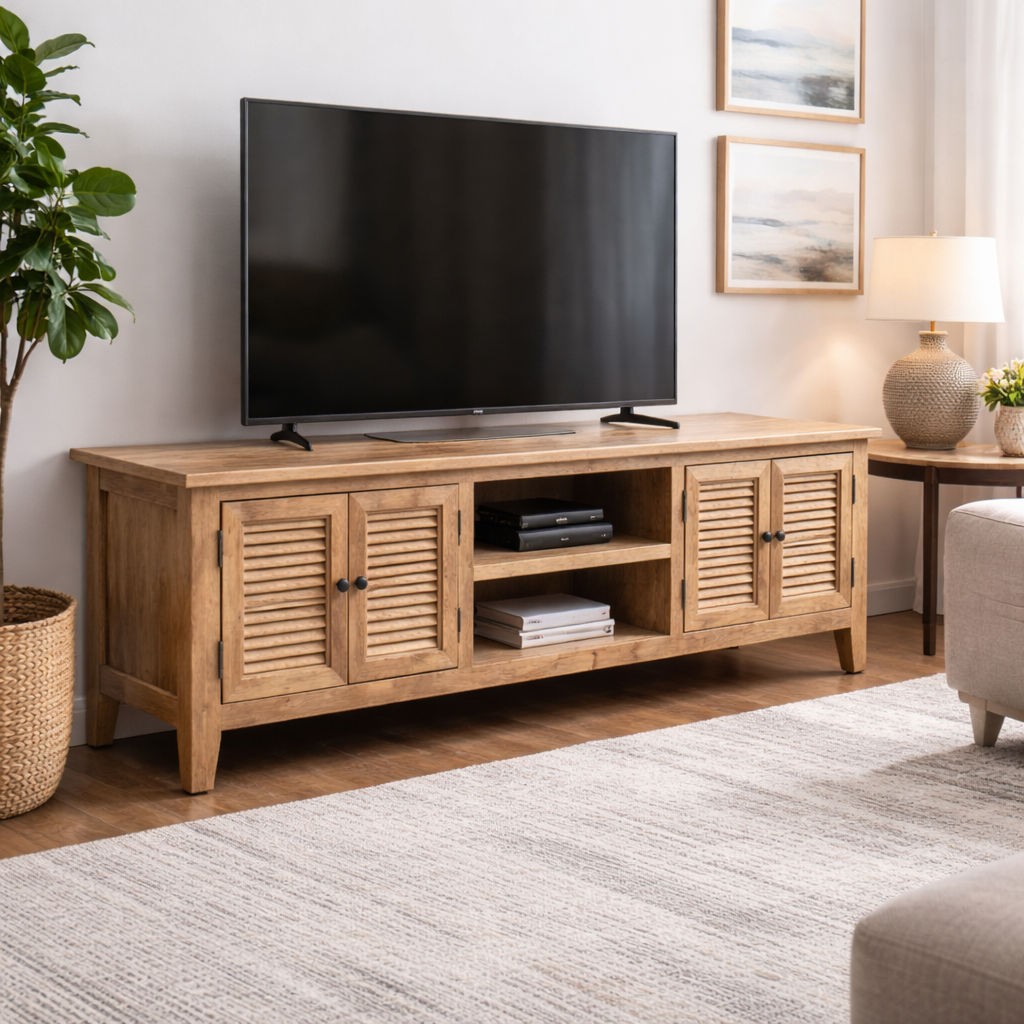 MF Oak Louvre Solid Timber 4 Door Entertainment Unit